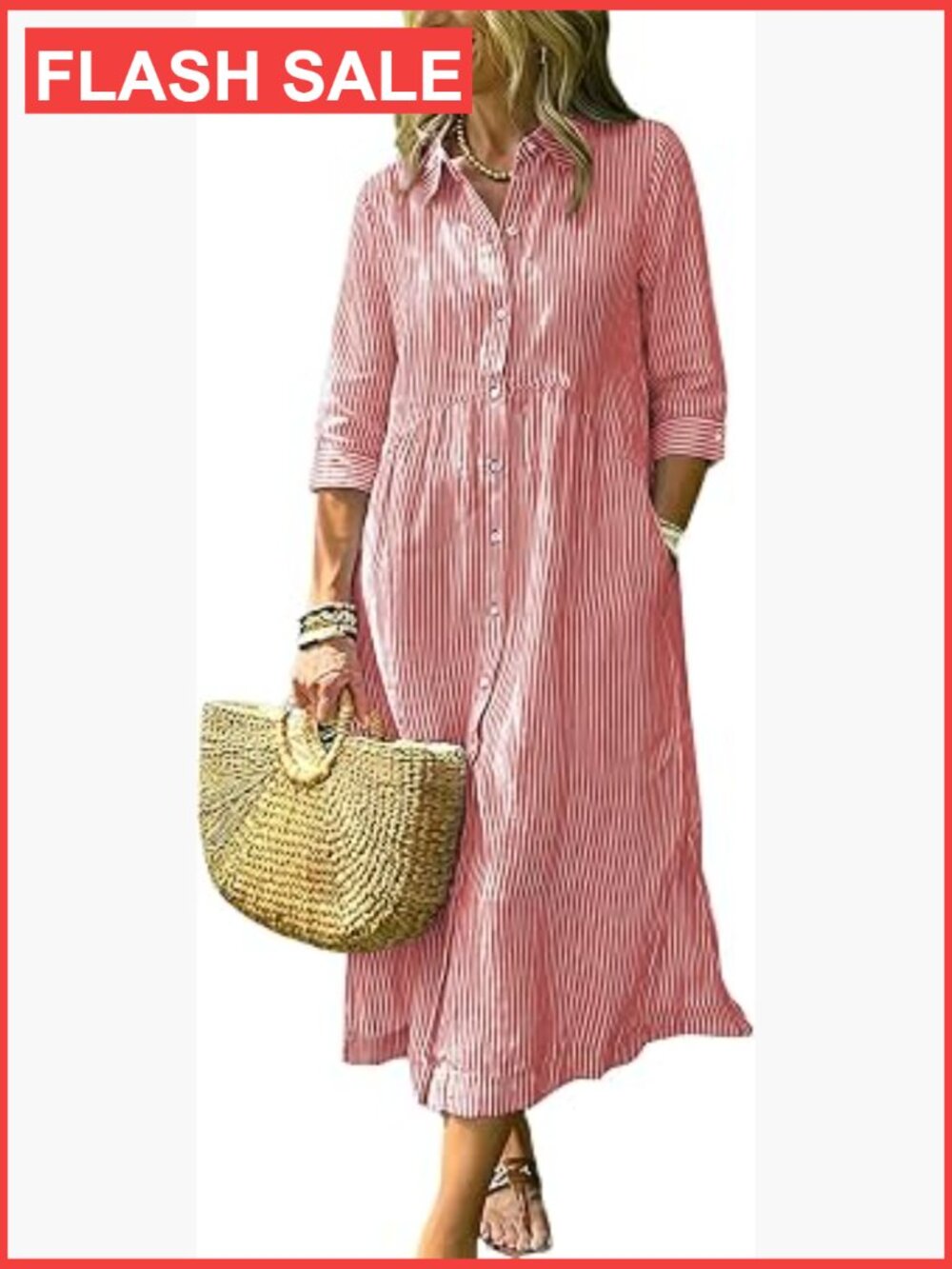 Boho Striped Shirt Dress 3/4 Sleeve Mid Length Cotton with Pockets
